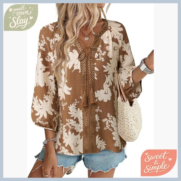 Tops - Linen Blend 3/4 Sleeve V-Neck Tunic Top Boho Floral Print Loose Fit